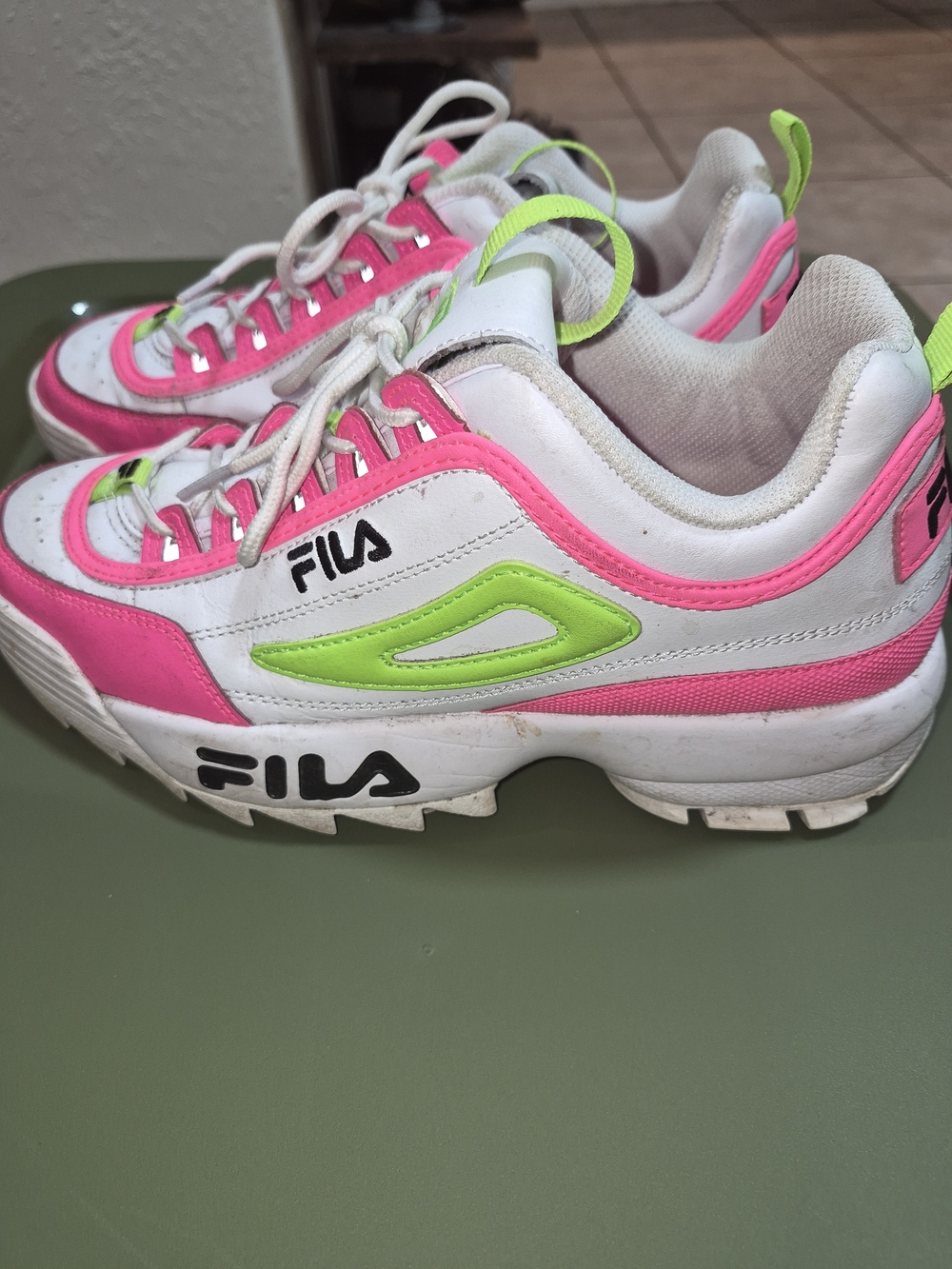 FILA Women's White Pink Neon Green Disruptor II Sneaker